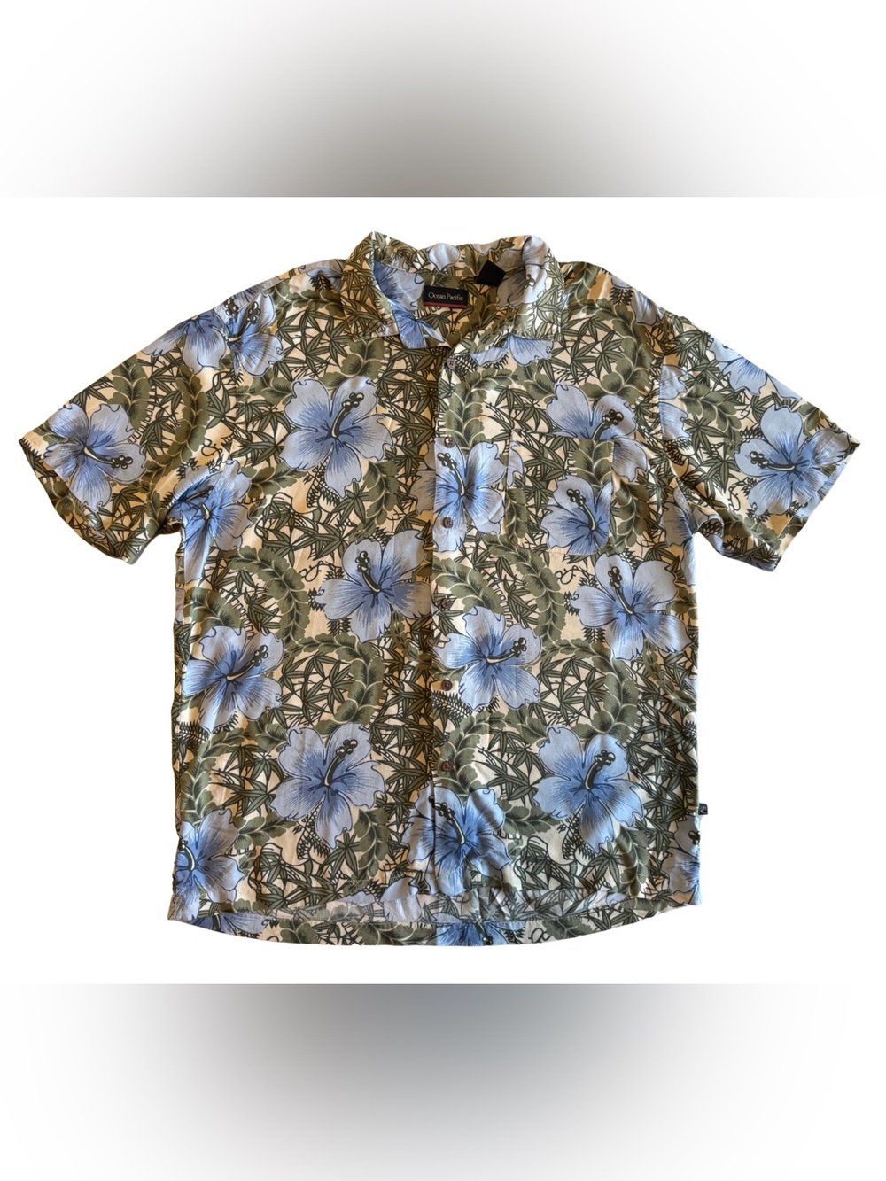 Vintage Ocean Pacific OP Hawaiian Shirt L Blue Hibiscus Retro 90s Surf Rayon